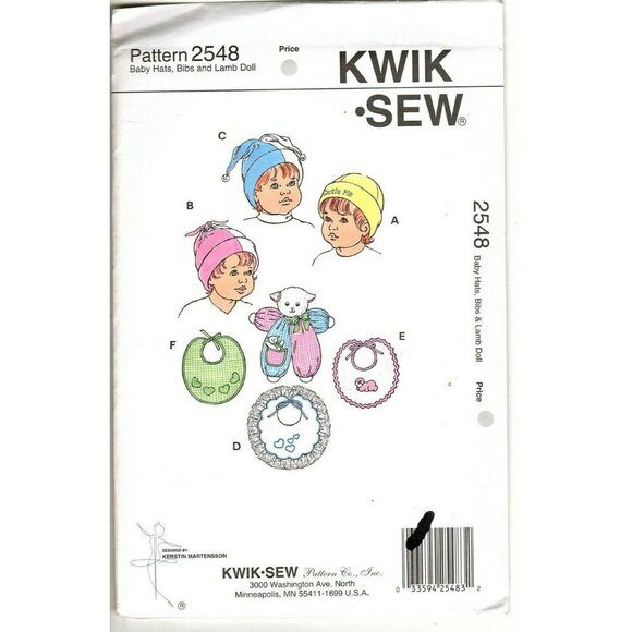 Kwik Sew 2548 Baby Hats, Bibs, and Lamb Doll New Vintage Uncut Sewing Pattern - Picture 1 of 2